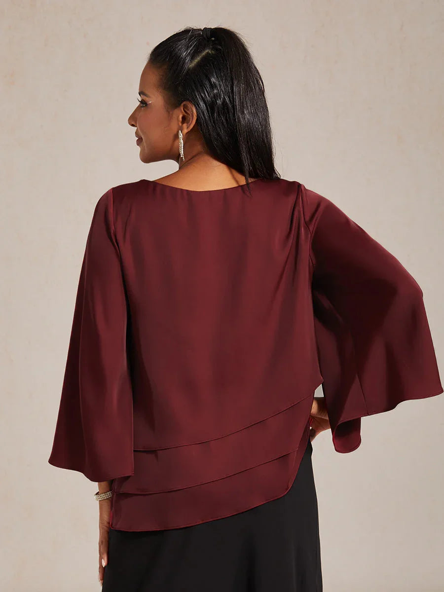 Satin Layered Bell Sleeve Top with Christmas Rhinestone