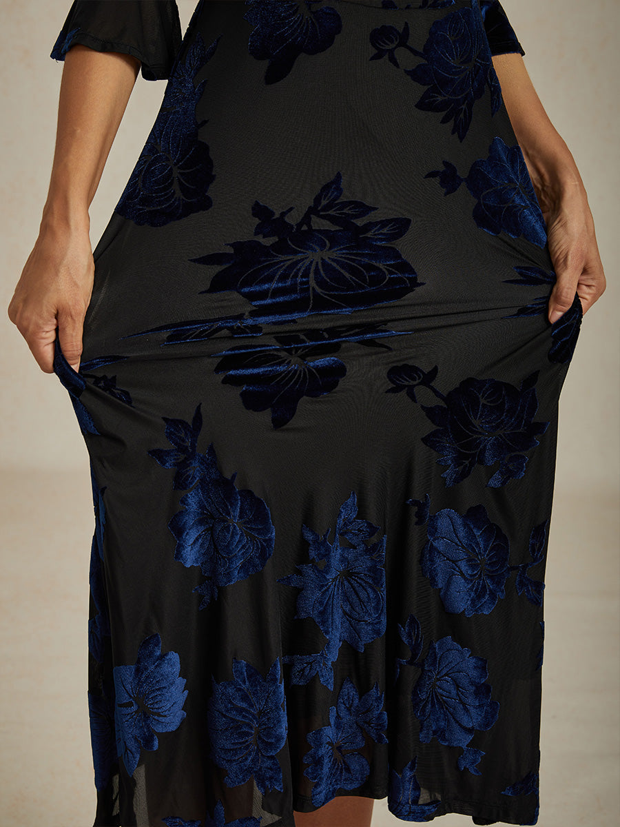 High-Stretch Floral Velvet A-Line Dress with Flutter Sleeves