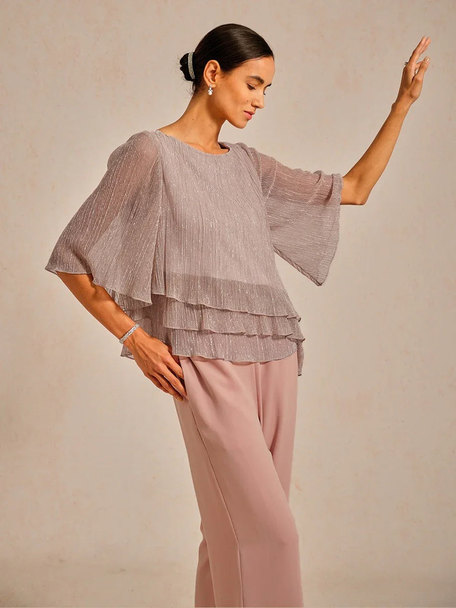 Asymmetrische Lagenbluse aus metallisch schimmerndem, plissiertem Chiffon