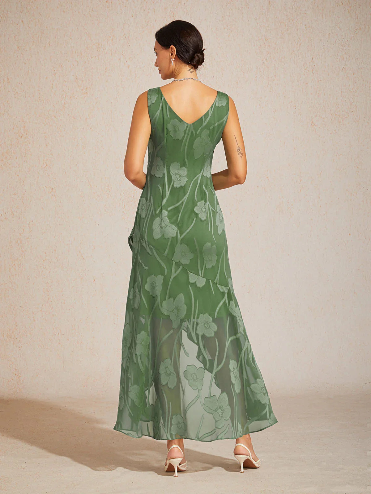 Floral Chiffon Sleeveless Evening Gown with Asymmetrical Hem