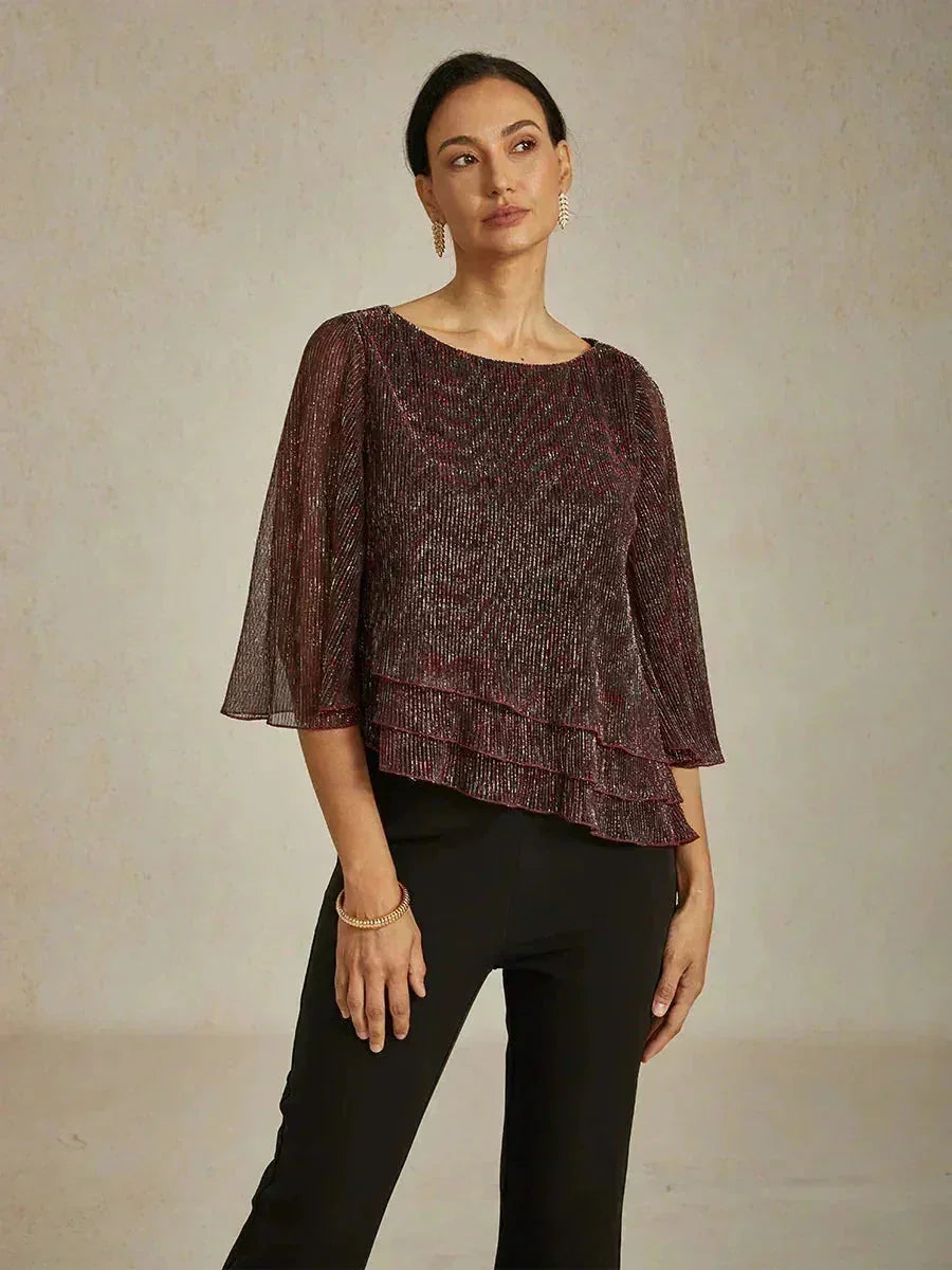 Blouse Asymétrique Superposée en Chiffon Plissé Métallisé