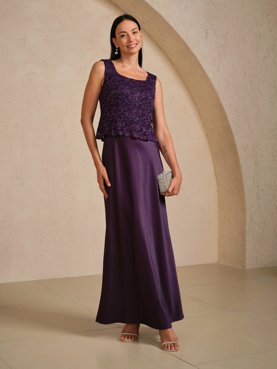 Sleeveless Glitter Lace Satin A-Line Dress with Silver Glitter