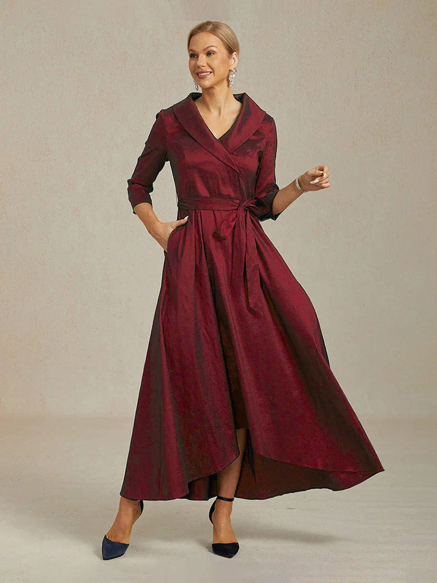3 4 Sleeve Ankle Length Dress Semi Formal Taffeta High Low Evening Gown Red Navy Blue Green Elegant Classic 60 Year Old Women, Red / XL