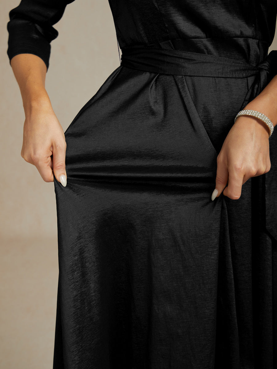 Stretch Taffeta Cocktail Dress with Tie Belt