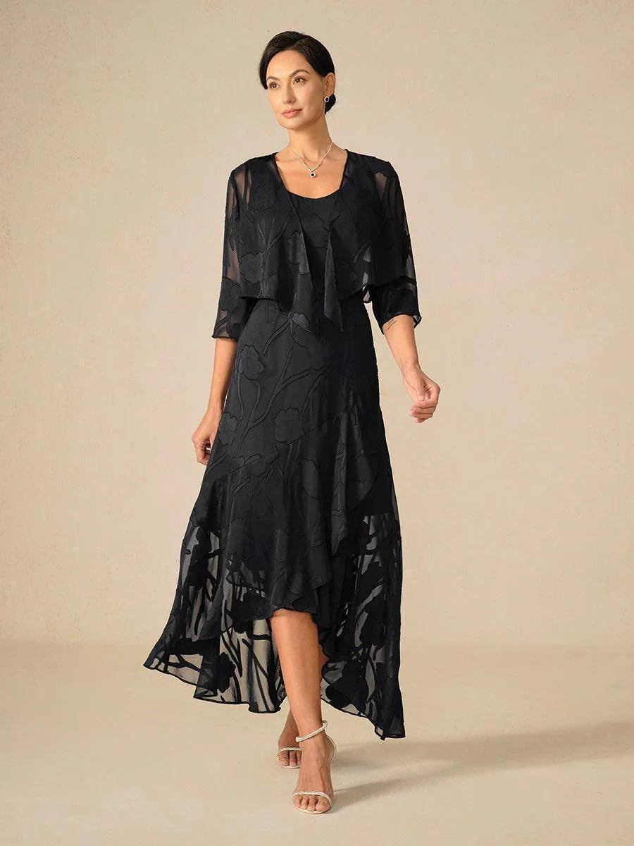 Robe de soirée en mousseline fleurie avec ourlet asymétrique