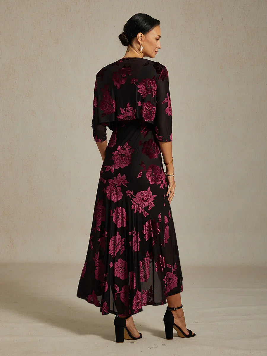 Velvet Floral Evening Gown with Asymmetrical Hem