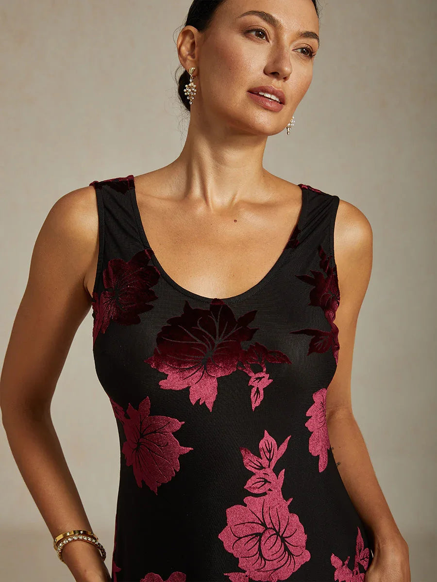 Velvet Floral Evening Gown with Asymmetrical Hem