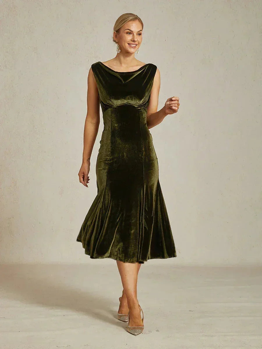 velvet cowl neck midi dress Velvet Sleeveless Mermaid Dress Tea Length Formal Gown Olive Cocktail Wedding Guest Evening Winter Ladies Glamorous, Olive / L