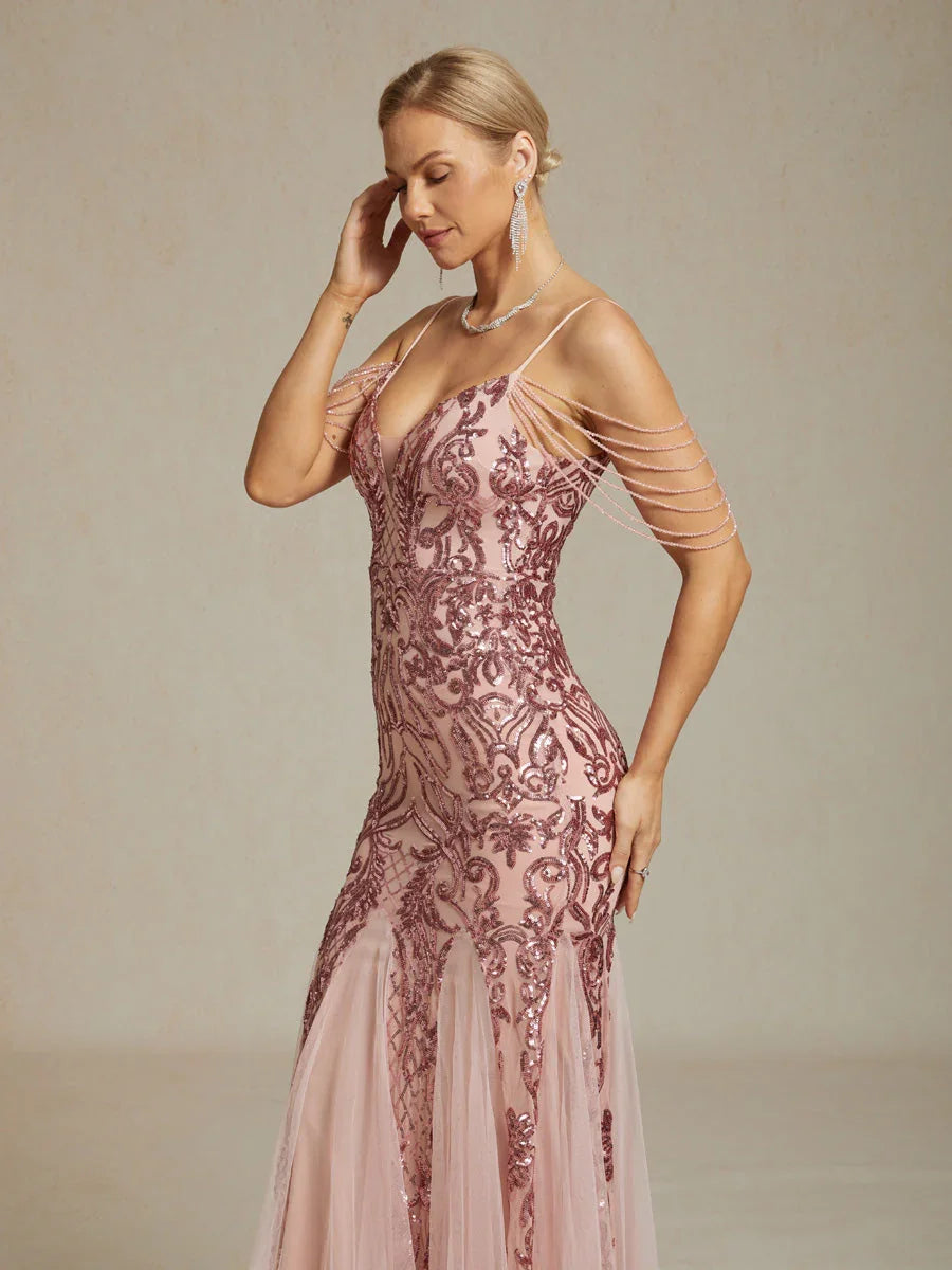 Vintage 1920s Sequin Off Shoulder Mermaid Evening Gown