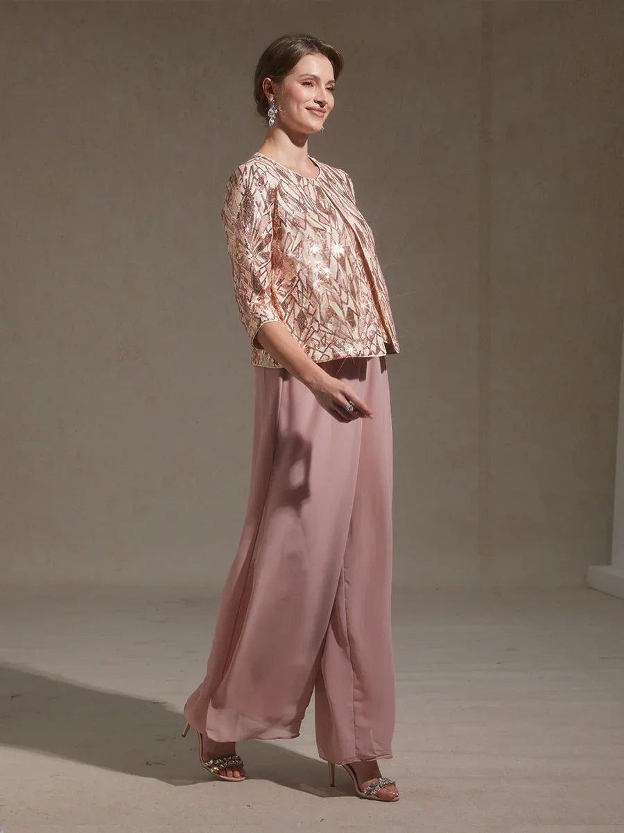 Sequin Beaded Mock Jackets Twinset And Chiffon Pant Suits