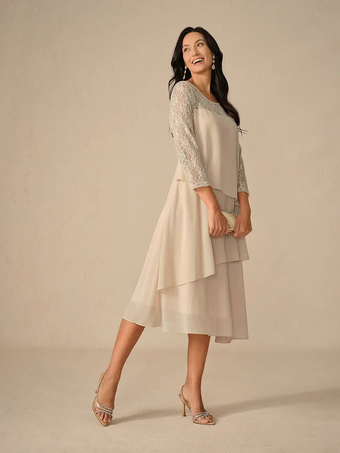 Lace Tiered Chiffon 3/4 Length Sleeve Dress