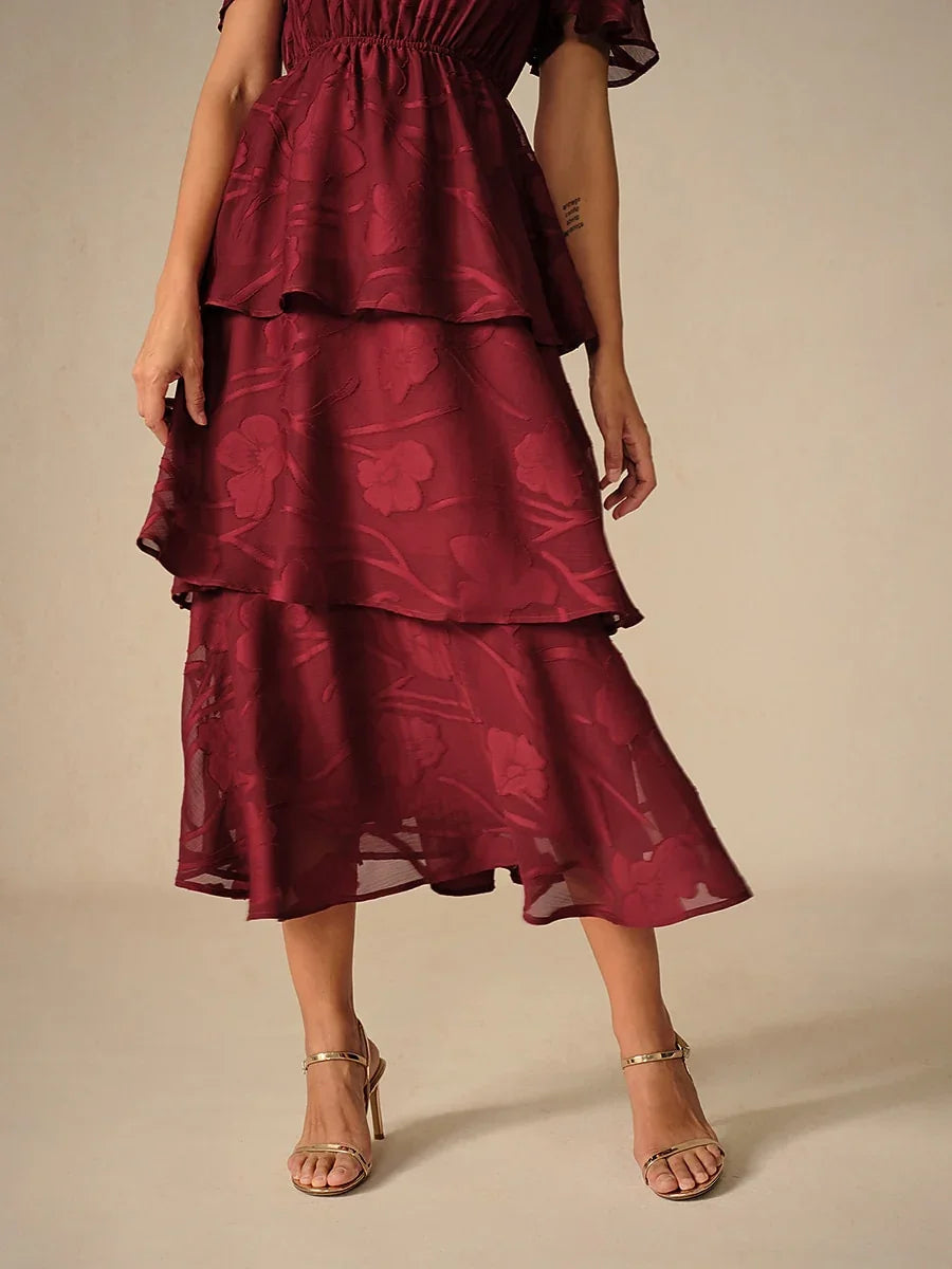 Lace V Neck Ruffle Layered Flutter Dress