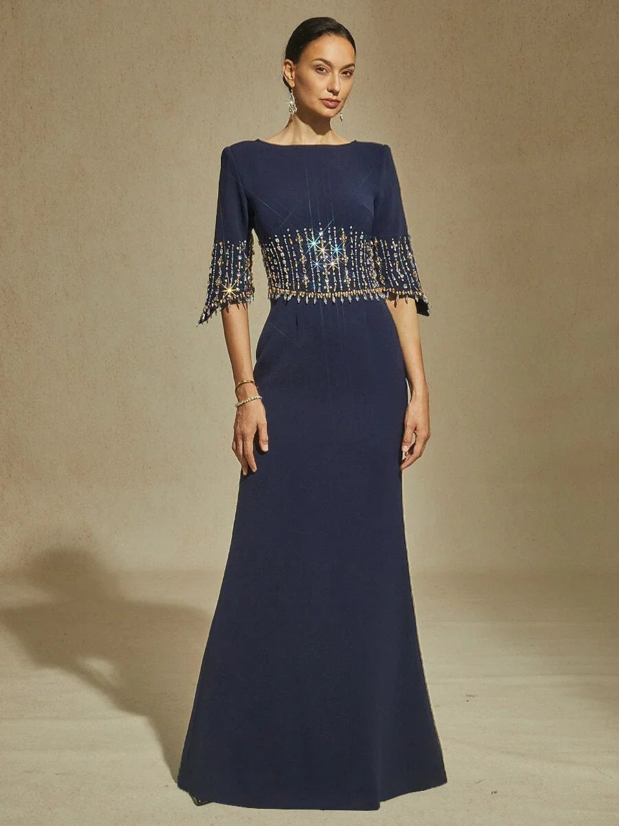 Boat Neck Mermaid Evening Gown with Crystal Details