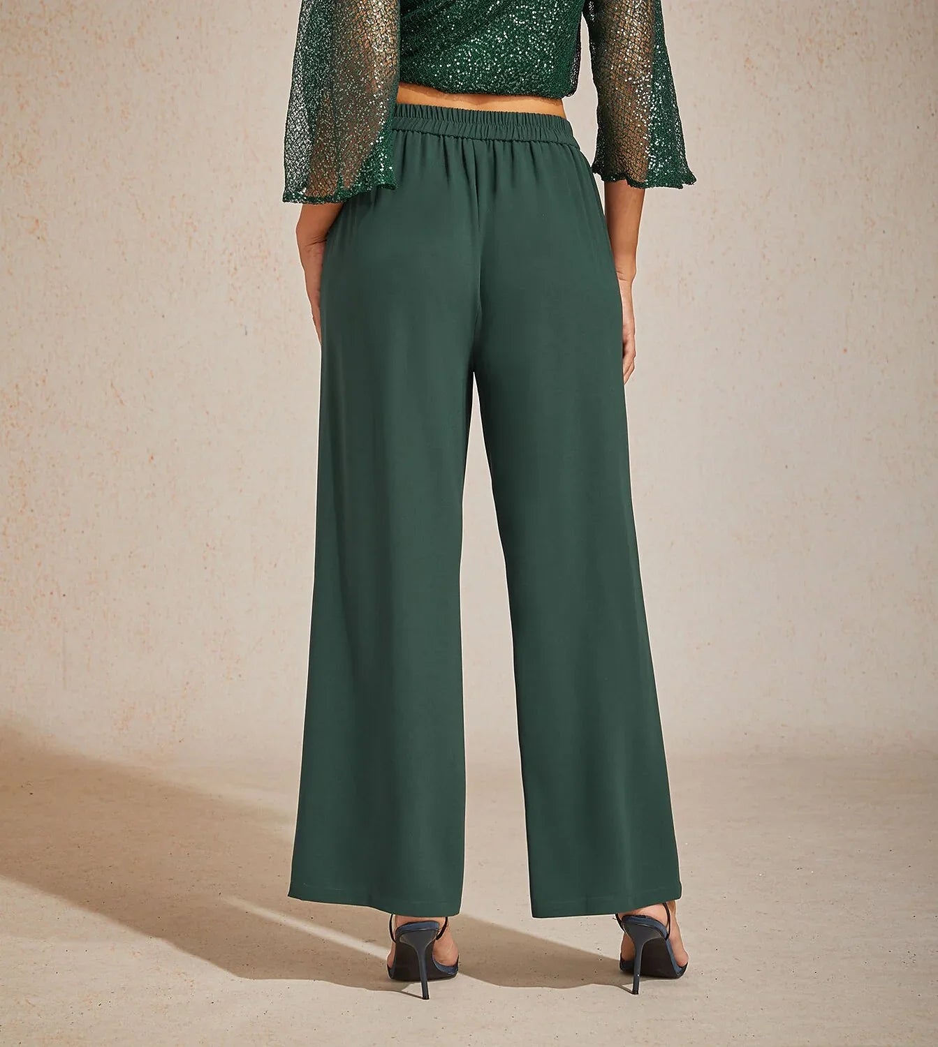 Pantalon large taille mi-haute à taille élastique avec poches