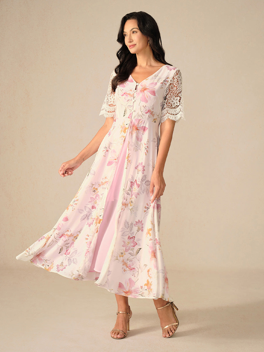Floral Chiffon A-Line Dress with Lace Sleeves