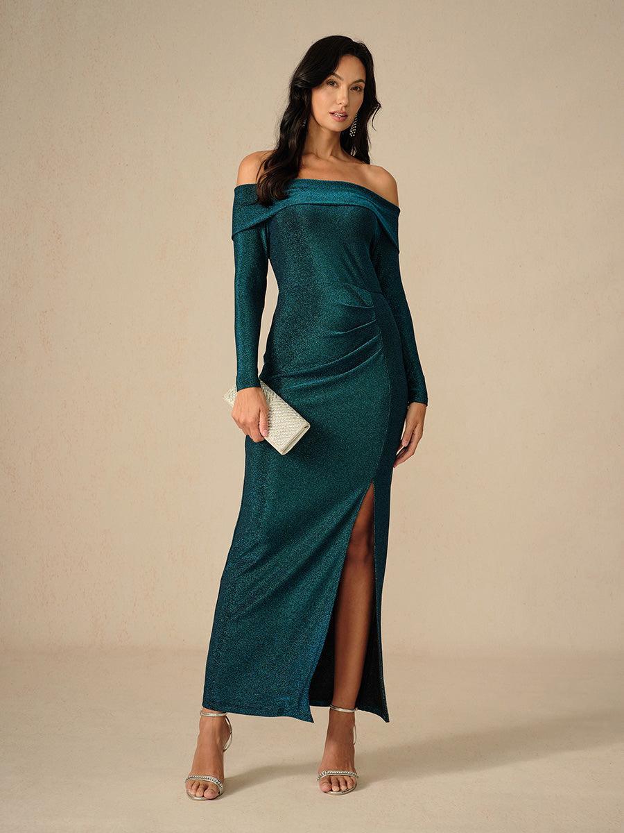 Elegant Teal Off-Shoulder Ruched Gown