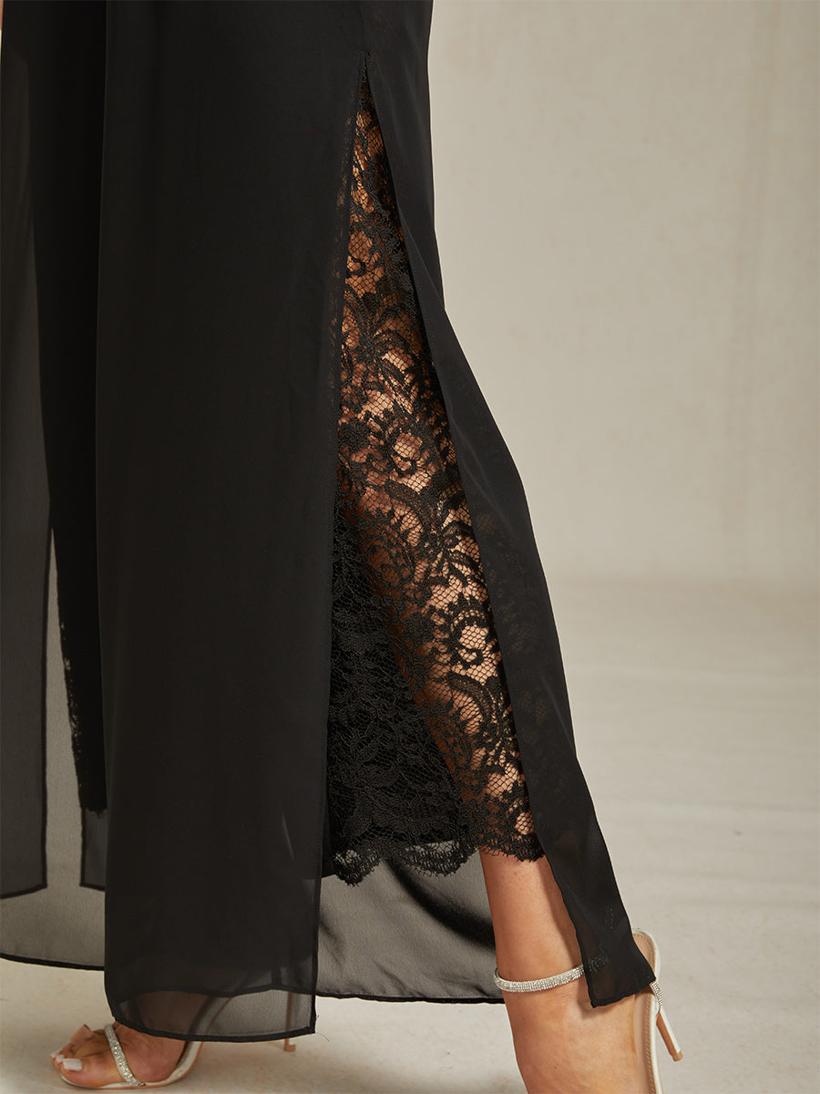 Rechte broek met chiffon split been overlay