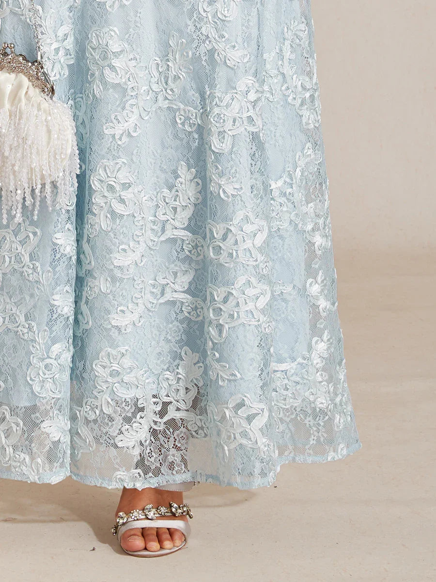 Robe Sirène à Décolleté en V, Manches Courtes en Dentelle à Rosettes