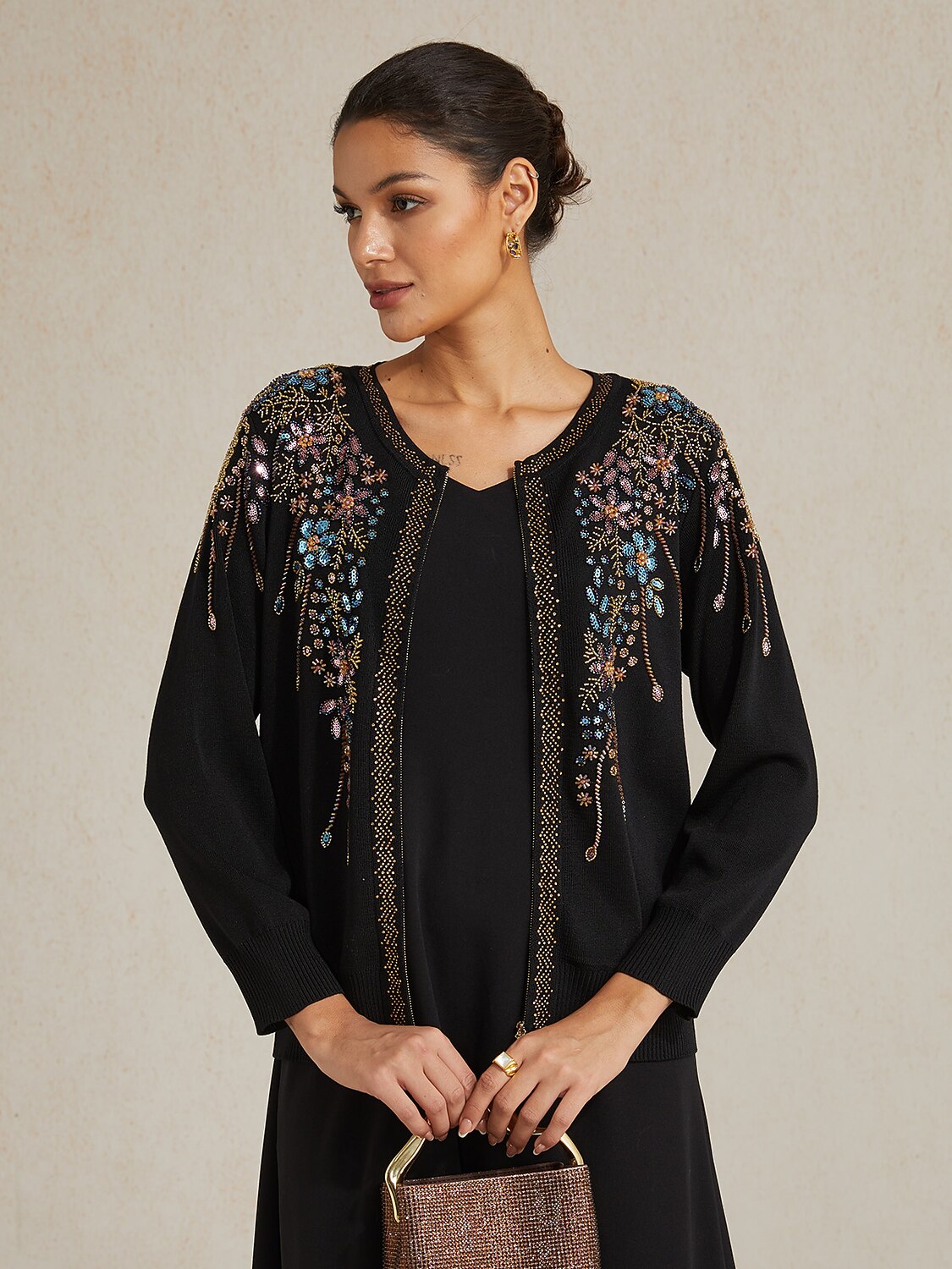 Ethnic Floral Rhinestone Knit Jacket