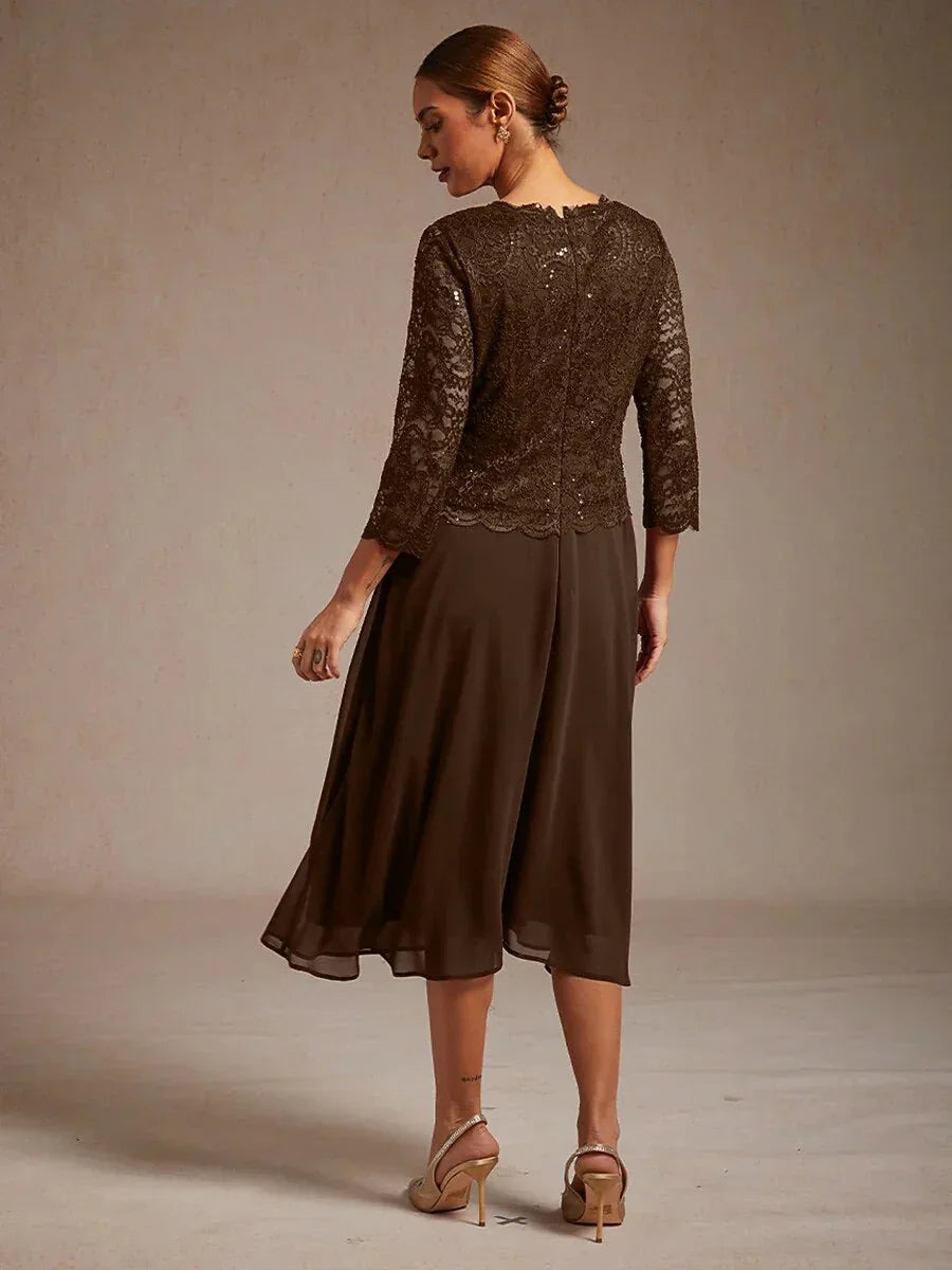 Robe Élégante en Dentelle et Chiffon Mi-Longue