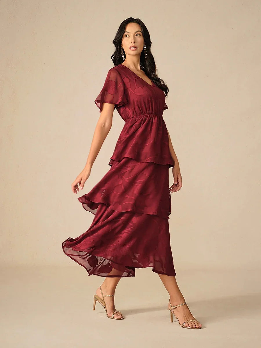 Lace V Neck Ruffle Layered Flutter Dress