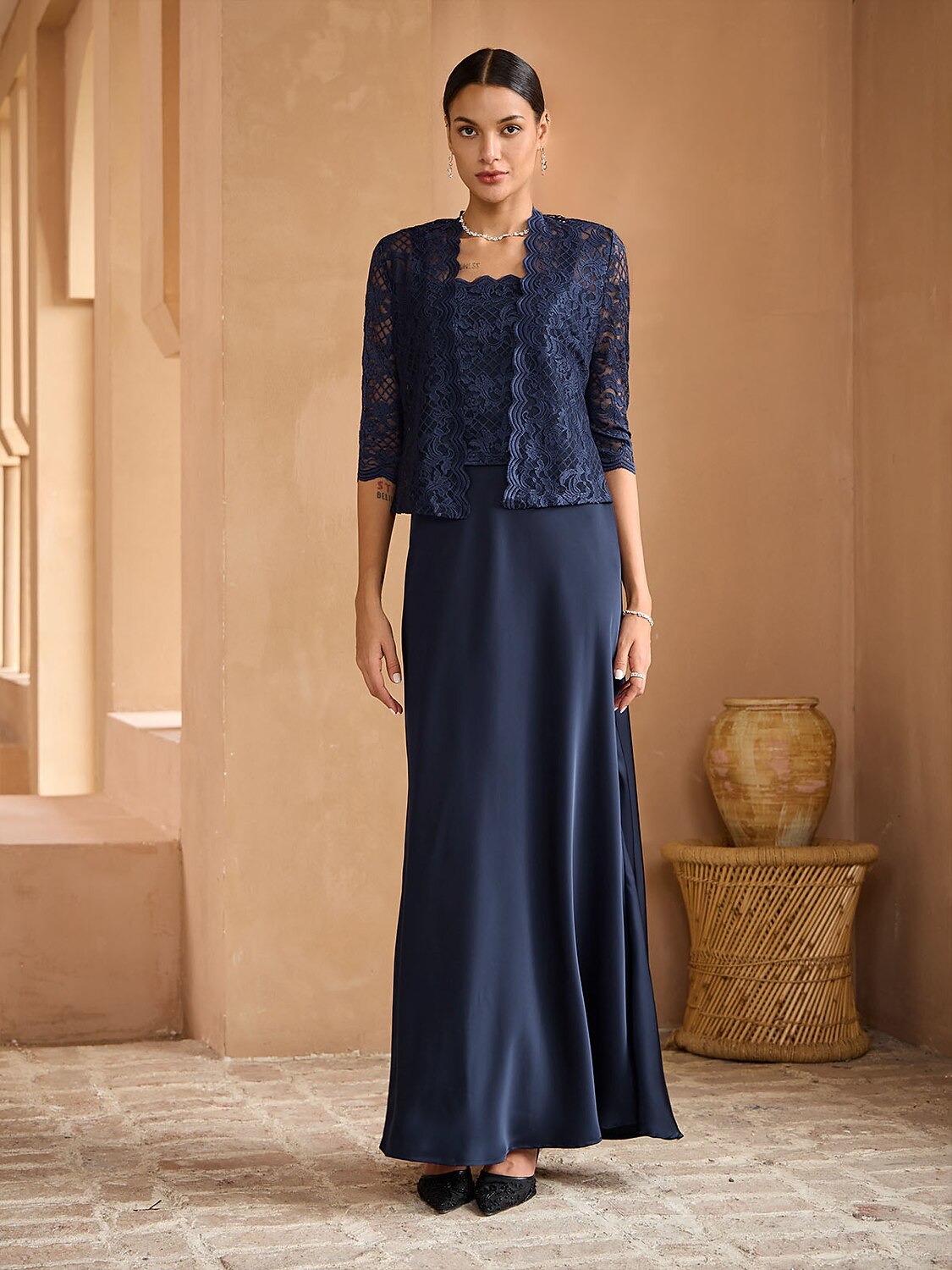 formal maxi dress with jacket Navy Blue Mother of the Bride Two-Piece Lace Sleeveless Gown 3/4 Sleeve Shrug, M Stretch tulle bodice with Stacees Fit and Flare Colour:ROYAL BLUE 2023-pre-order-august