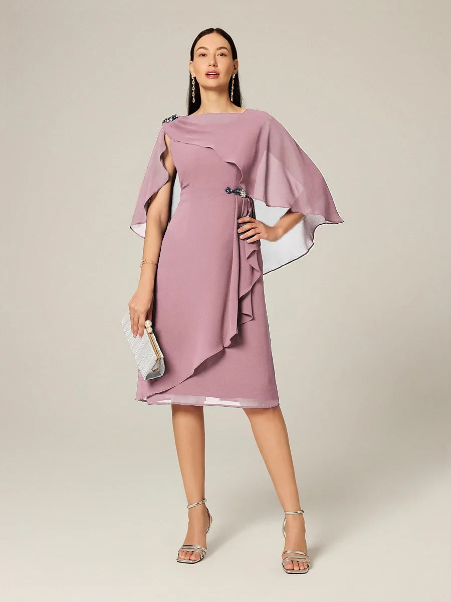 Asymmetrical Boat Neck Ruffled Chiffon Cape Dress