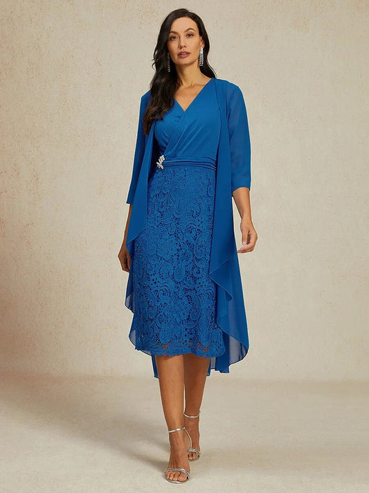 Lace Knee Length Dress With Sheer Chiffon Jacket
