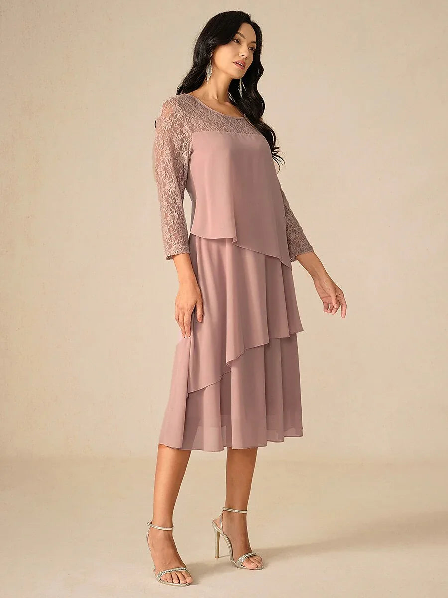 Lace Tiered Chiffon 3/4 Length Sleeve Dress