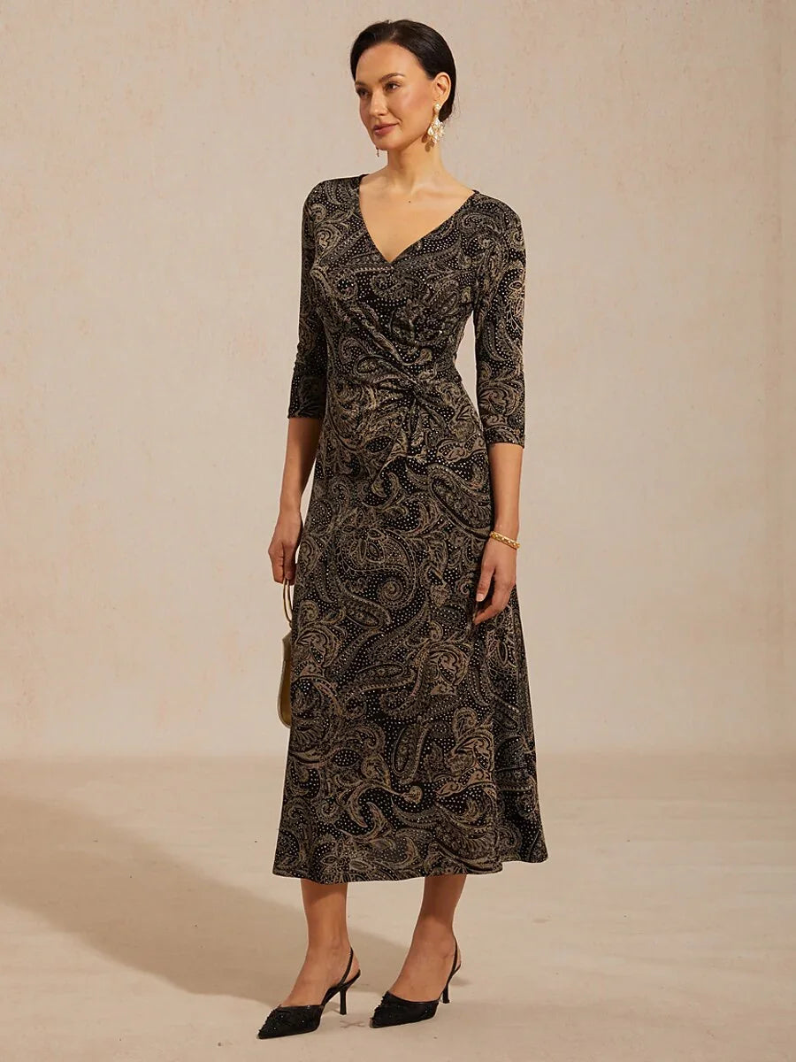 Paisley-Kleid aus Strick mit V-Ausschnitt, A-Linie und Taillen-Twist