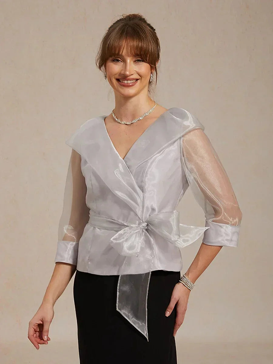 Blouse Habillée en Organza Transparent à Col avec Nœud