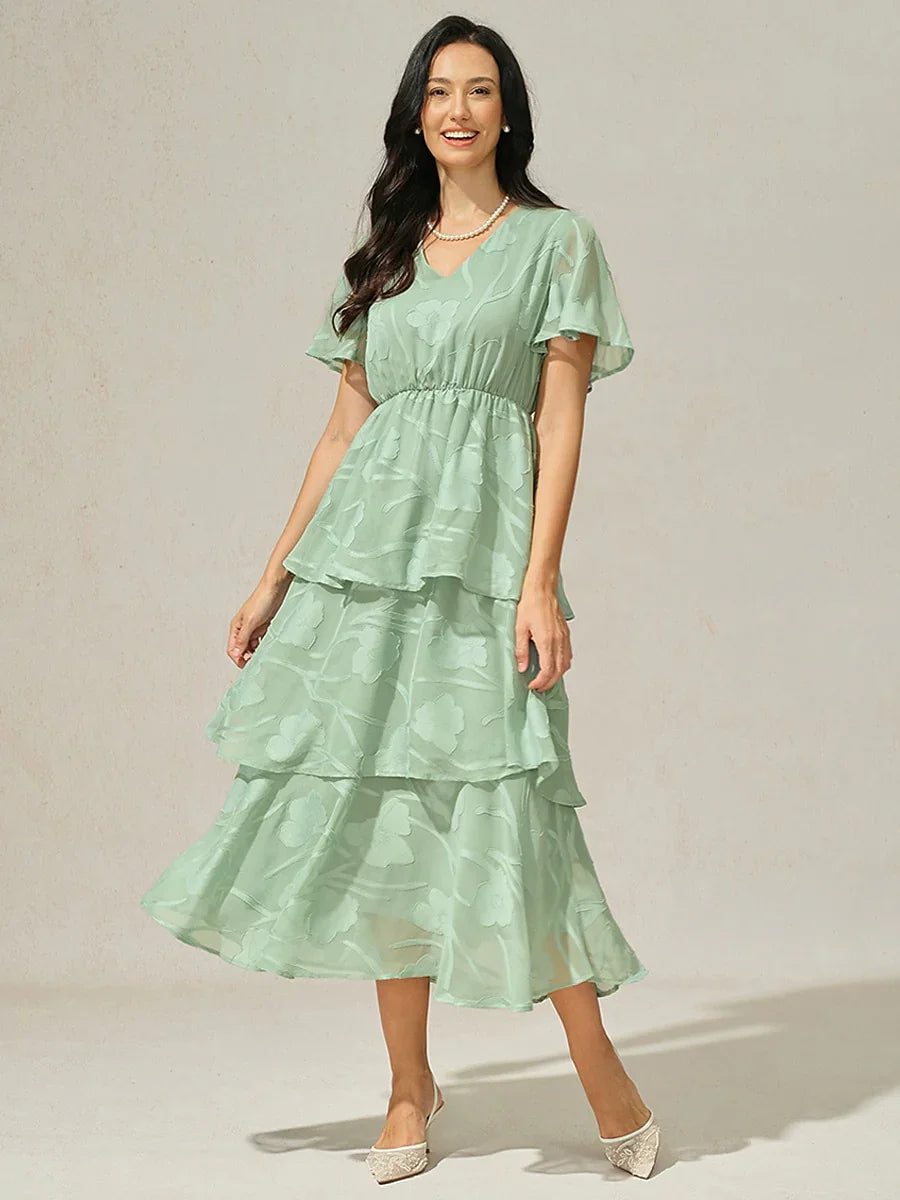 Lace V Neck Ruffle Layered Flutter Dress