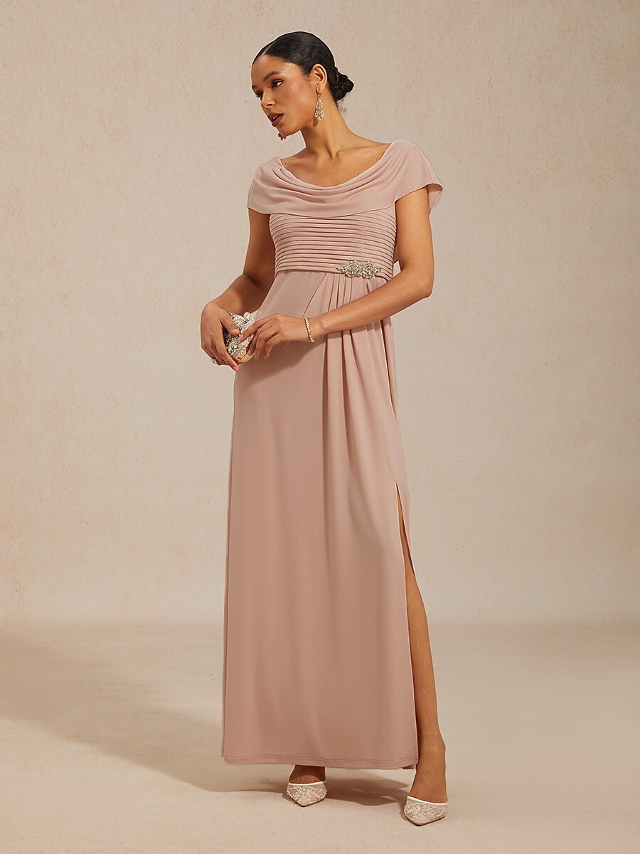 Draped Neck Jersey Evening Dress with Pleated Bodice