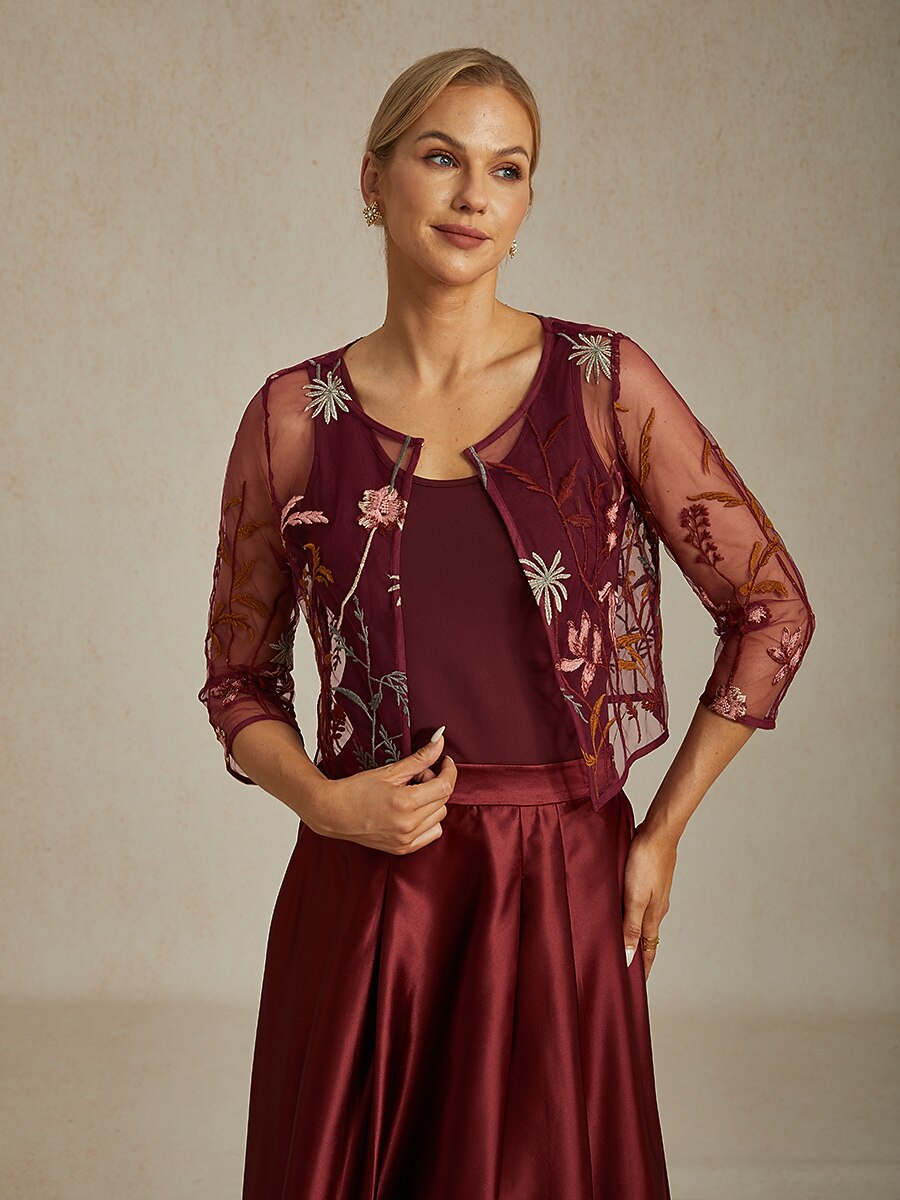 Floral Embroidered Lace Jacket with Rhinestone Button