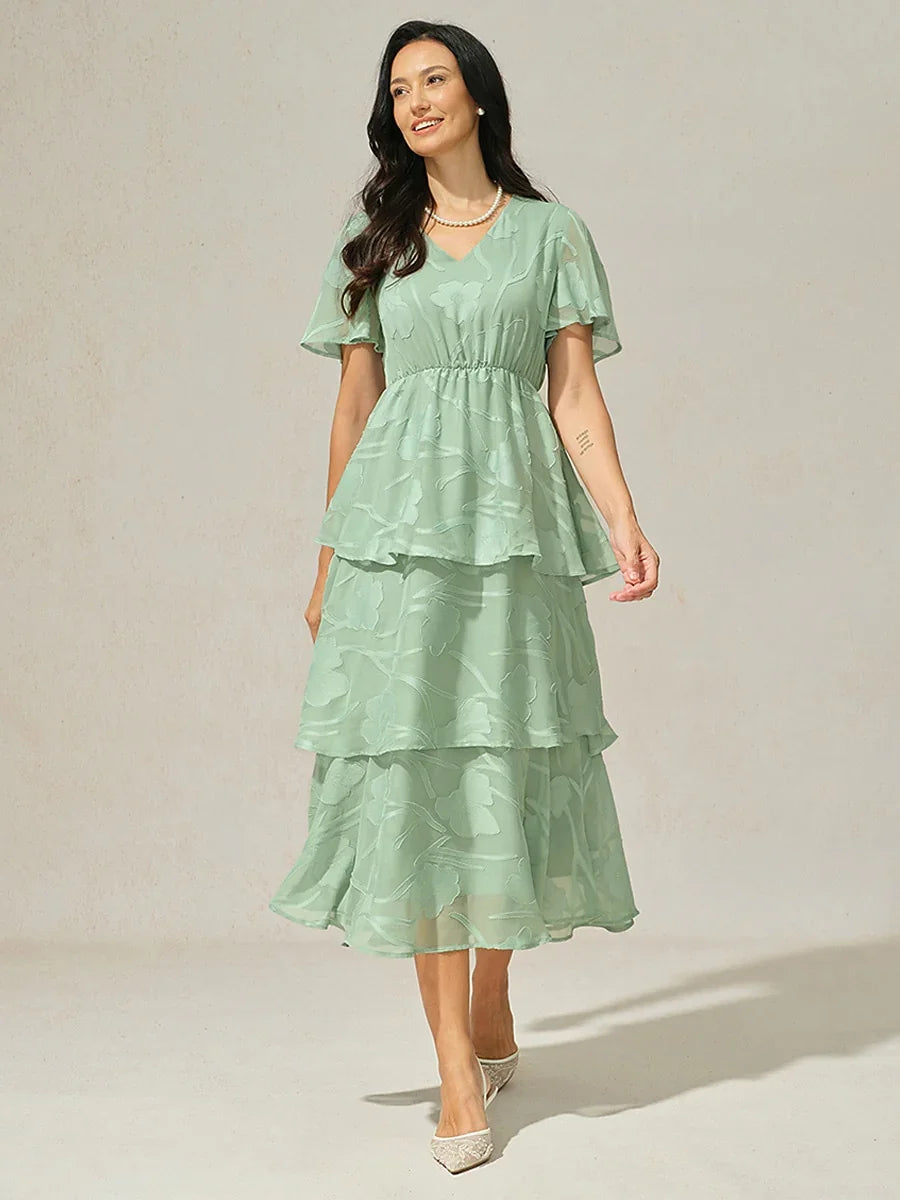 Lace V Neck Ruffle Layered Flutter Dress