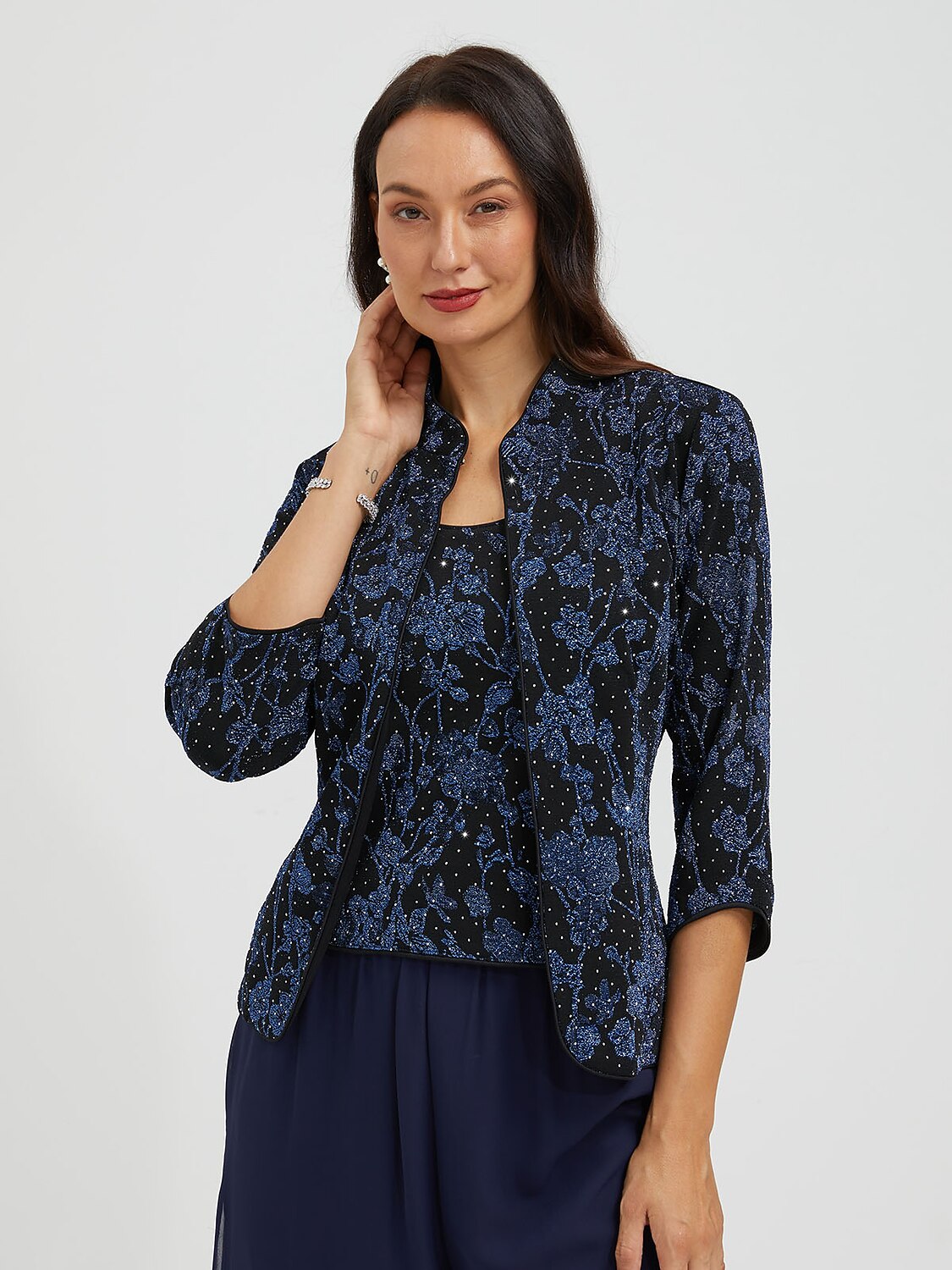 Twinset en Tricot Jacquard Floral à Col Mao