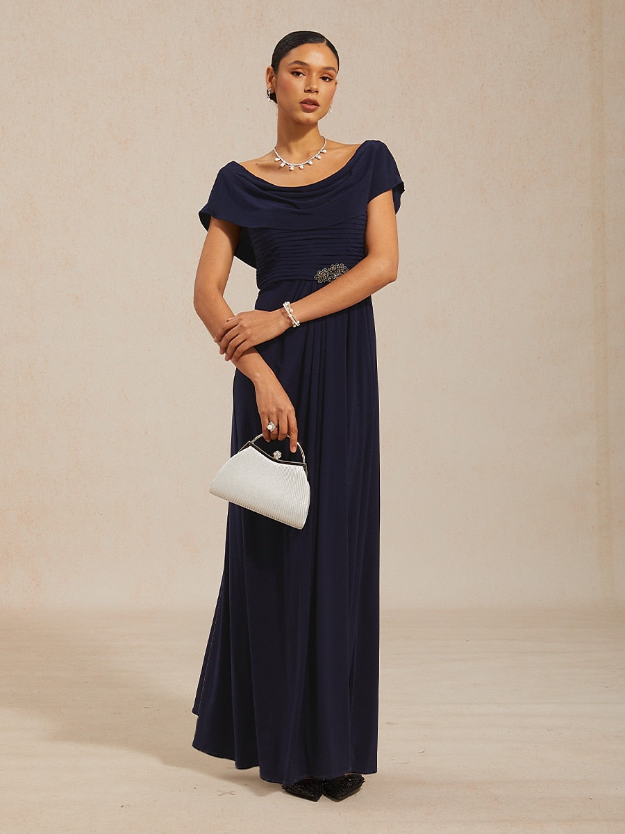 Draped Neck Jersey Evening Dress with Pleated Bodice