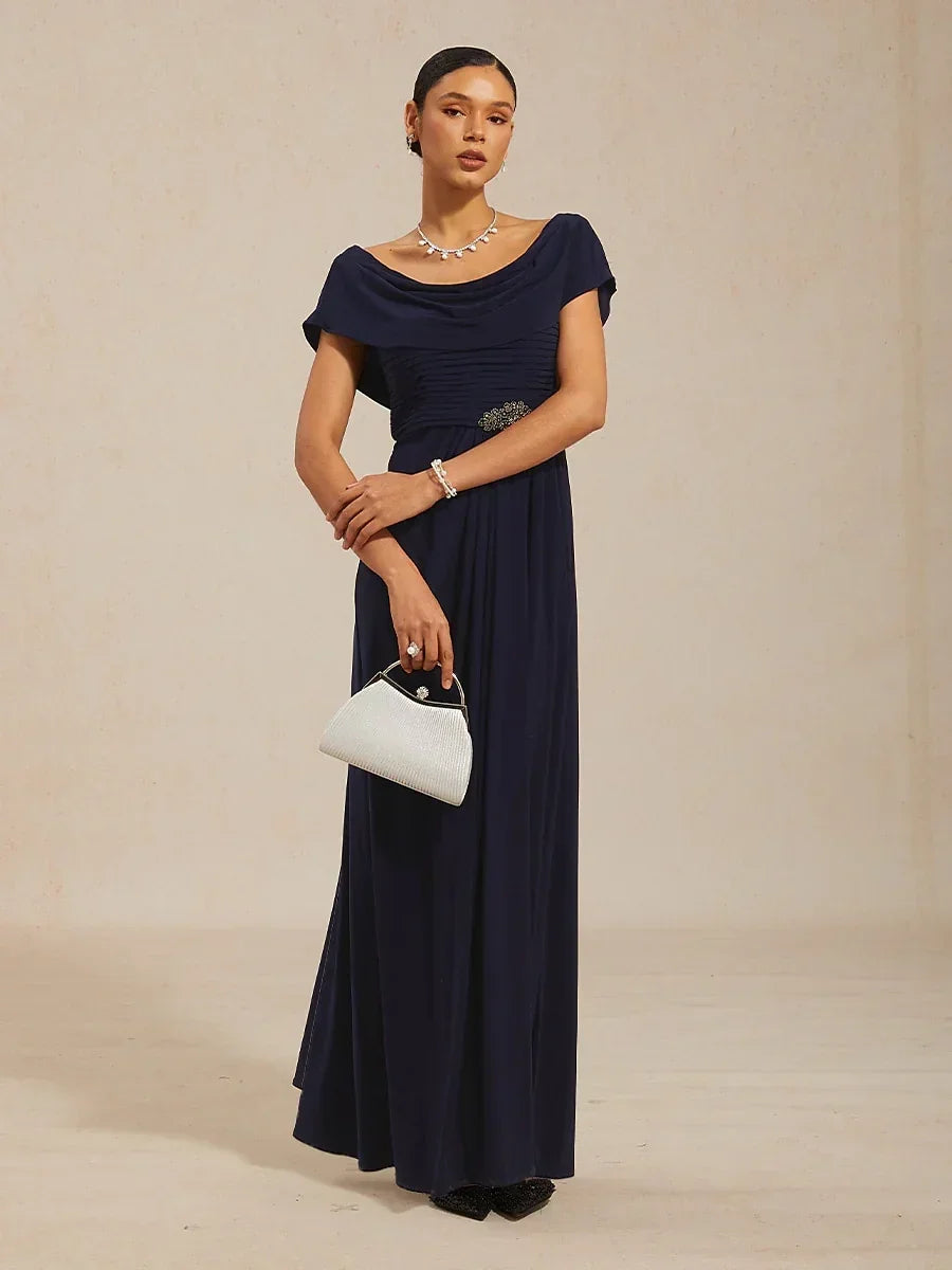 Draped Neck Jersey Evening Dress with Pleated Bodice