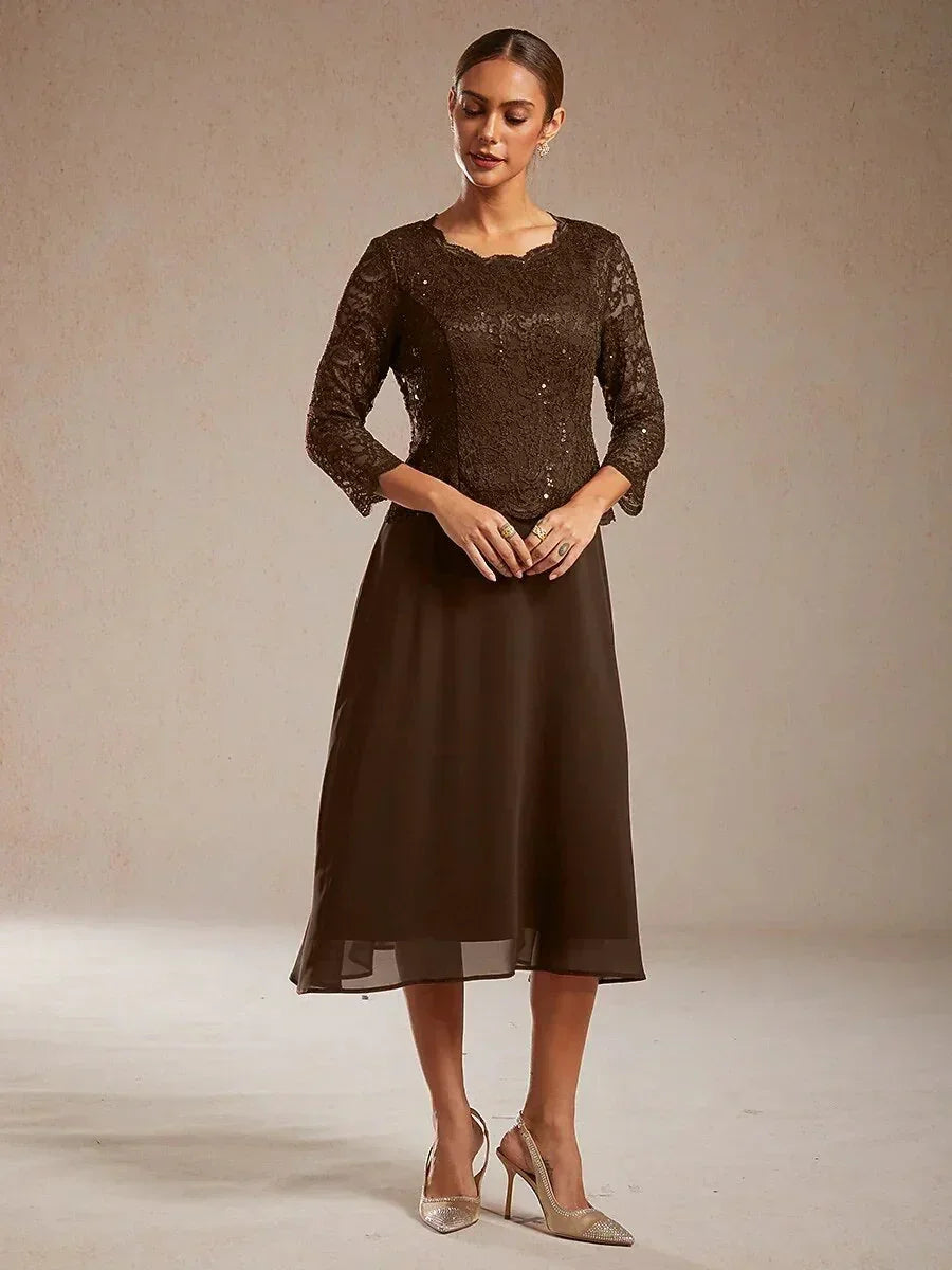 Elegant Lace and Chiffon Tea-Length Dress