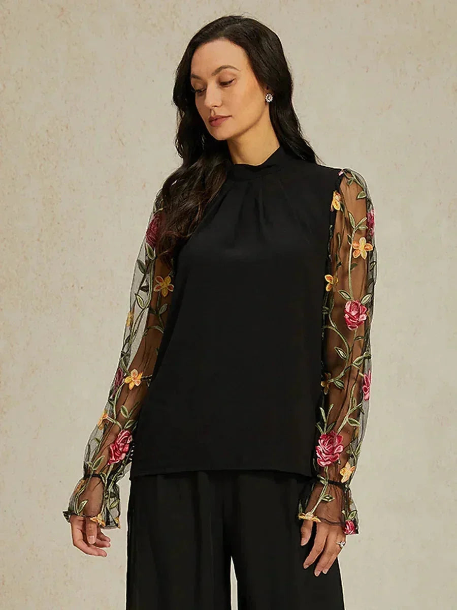 Floral Embroidery Mesh Modest Tops