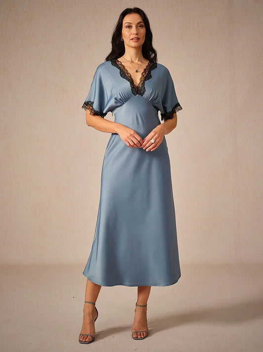 Satin Lace Trim V-Neck Dusty Blue Dress