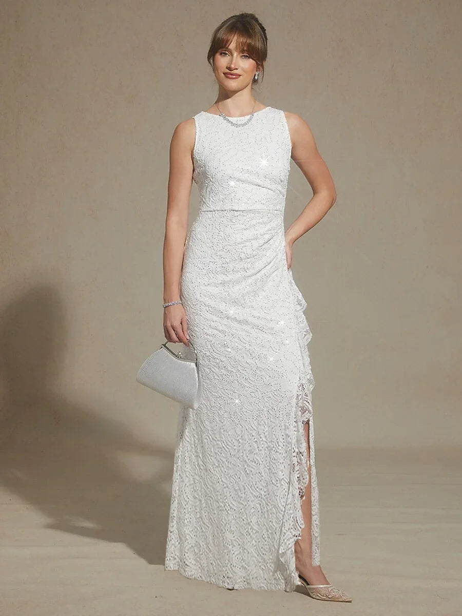 Robe Longue en Dentelle à Sequins avec Volants