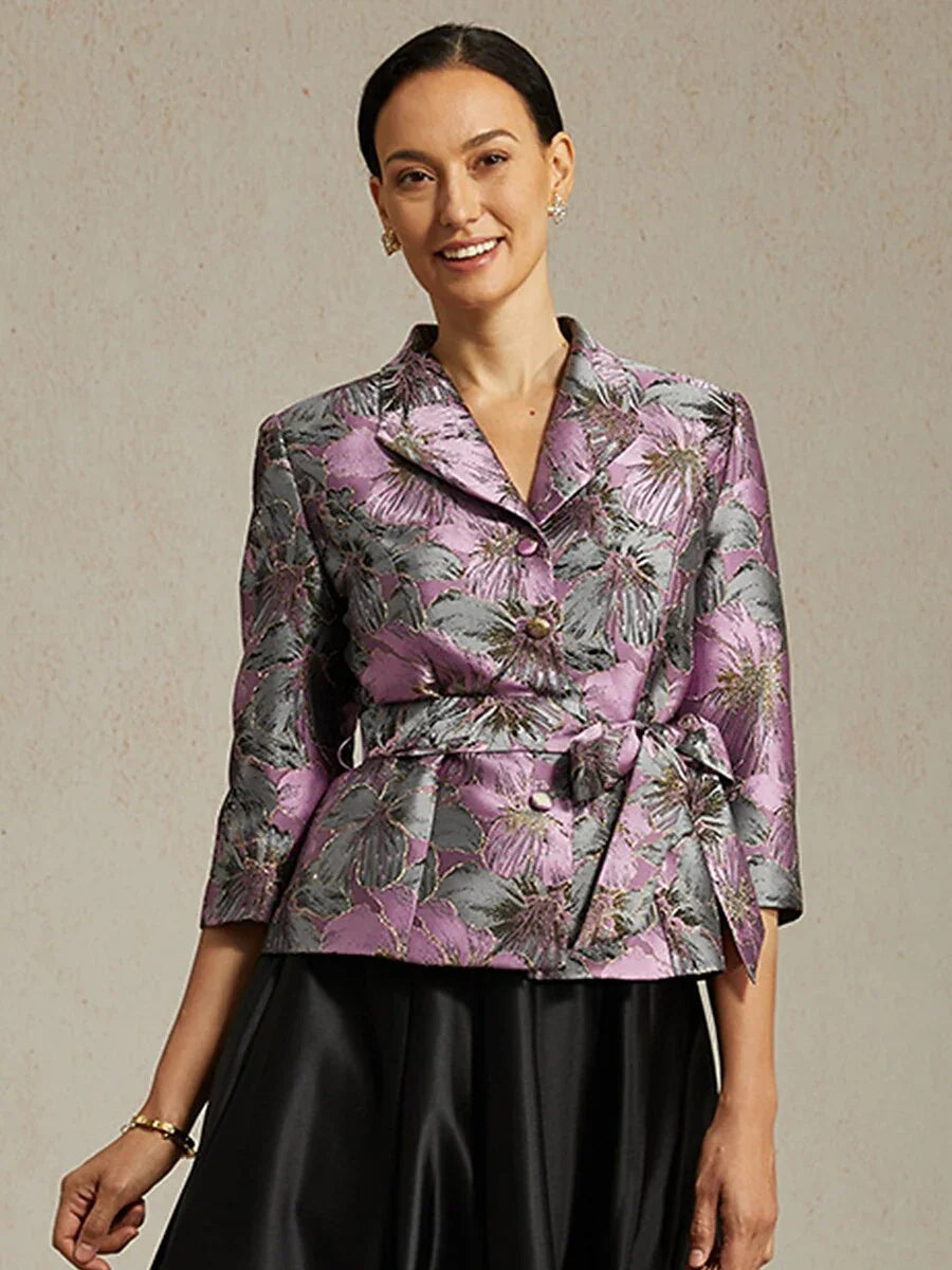 3/4 Sleeve Floral Jacquard Blouse with Tie Waist