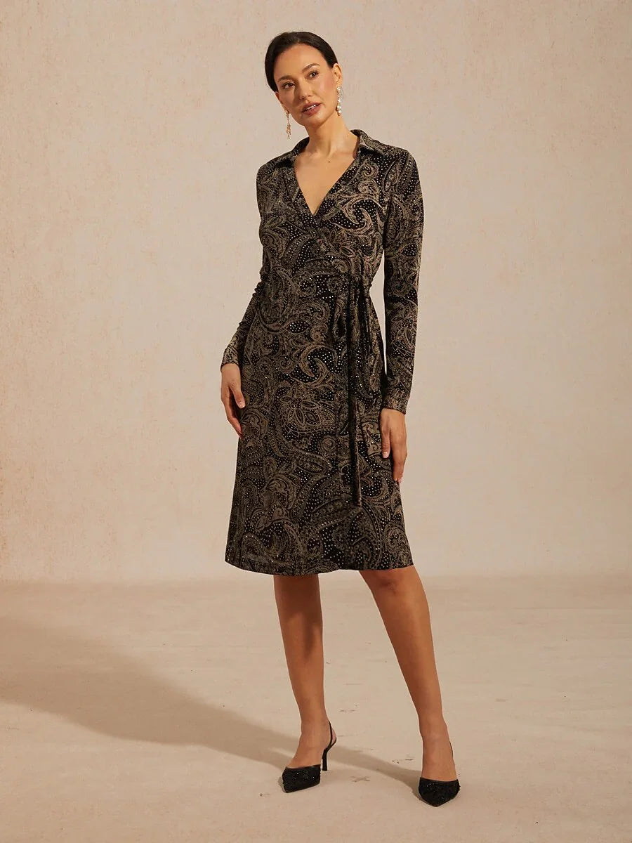 Paisley Wrap Midi Dress with Subtle Sequin Detail