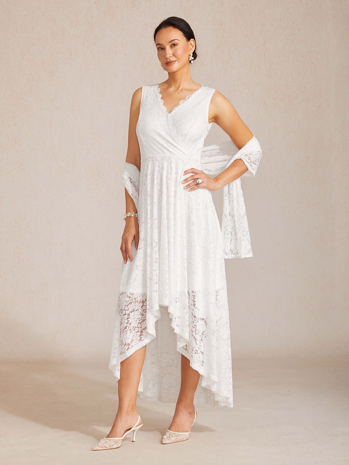 Scalloped V Neck Lace Evening Dress with Matching Shawl msglamor Scalloped V Neck Lace Evening Dress with Matching Shawl msglamor