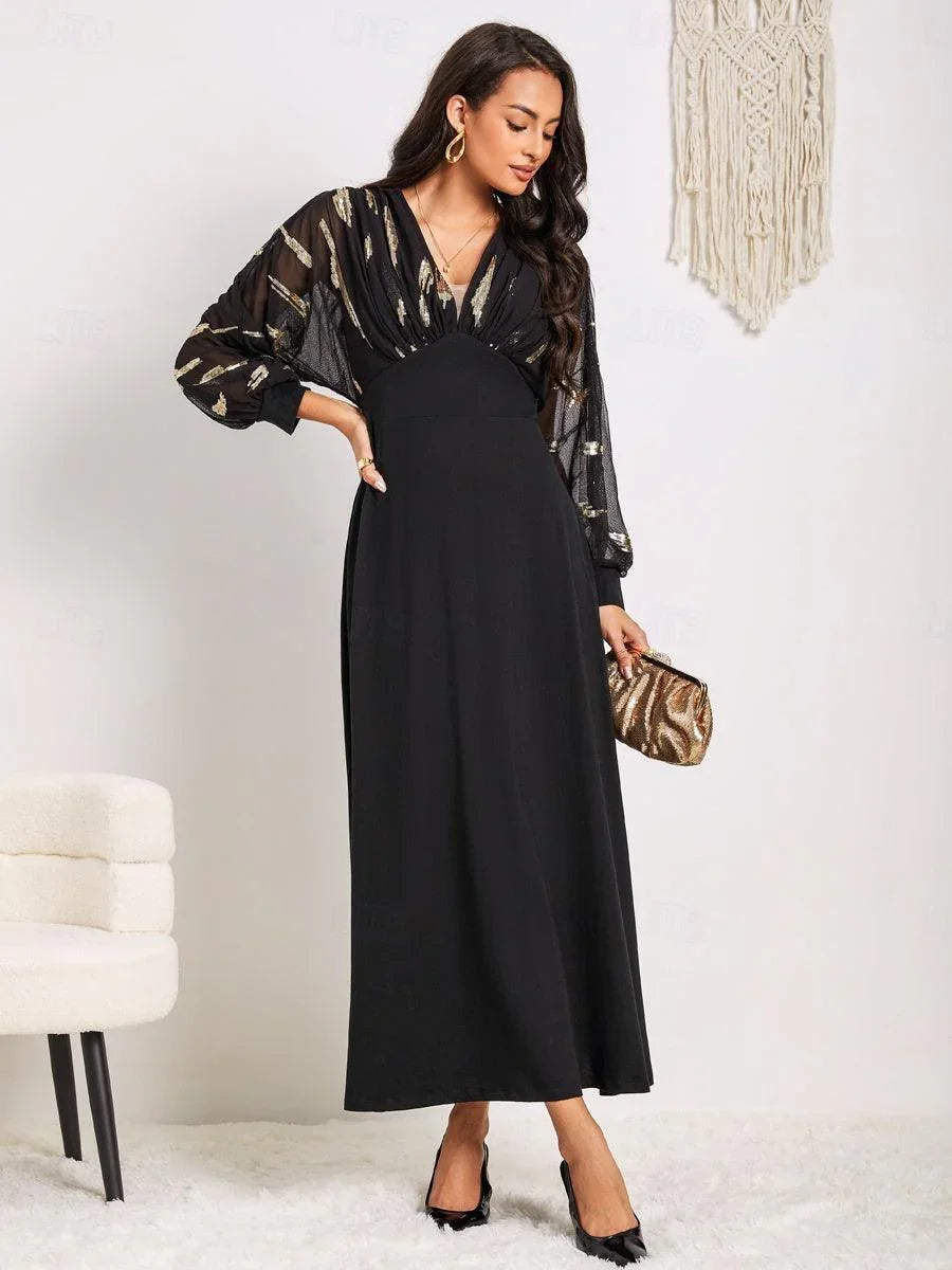 Black Sequins Puff Sleeve Maxi Dress with Empire Waist