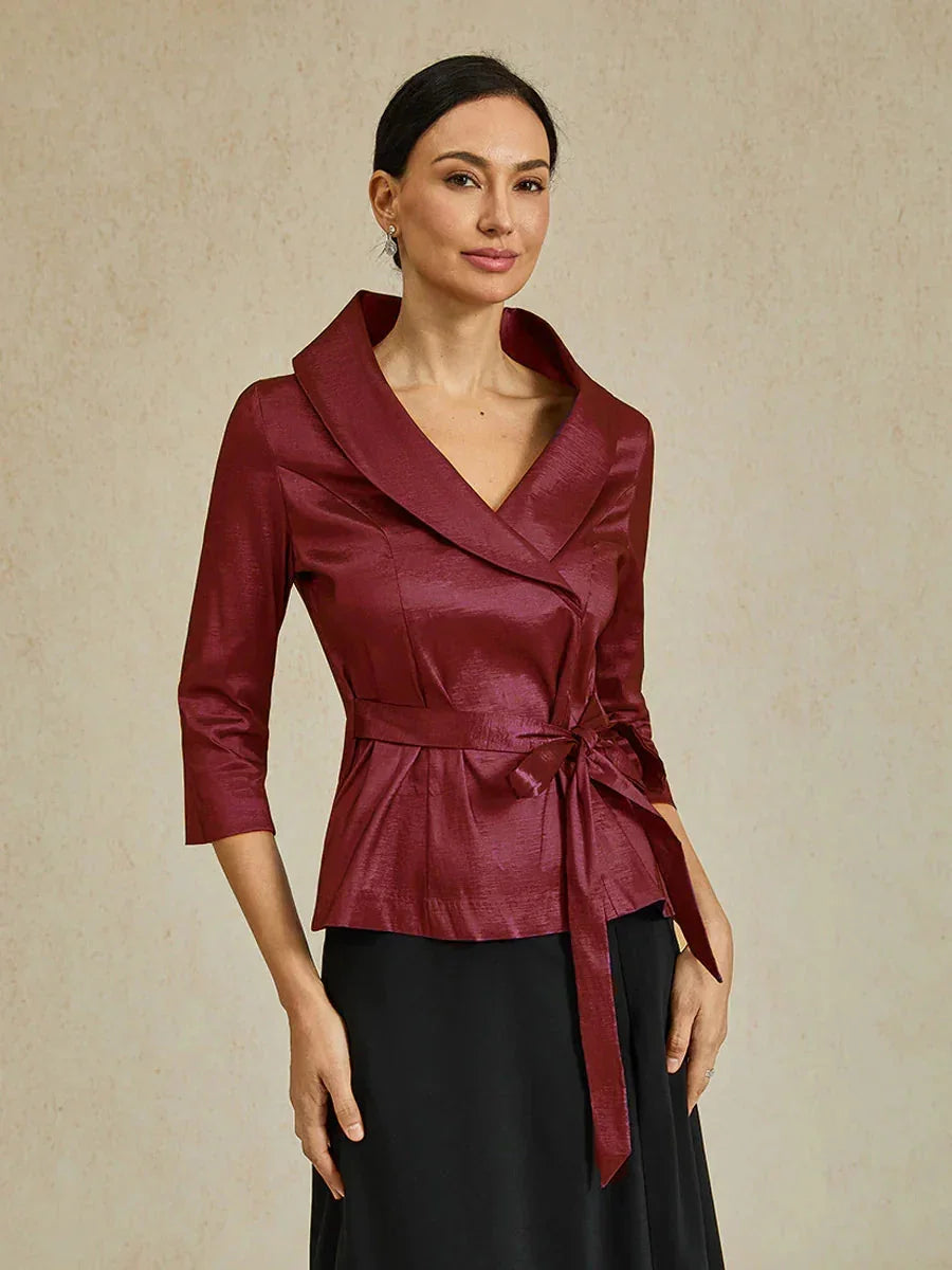 Bluse aus Stretch-Taft mit 3/4-Ärmeln und Bindedetail in der Taille