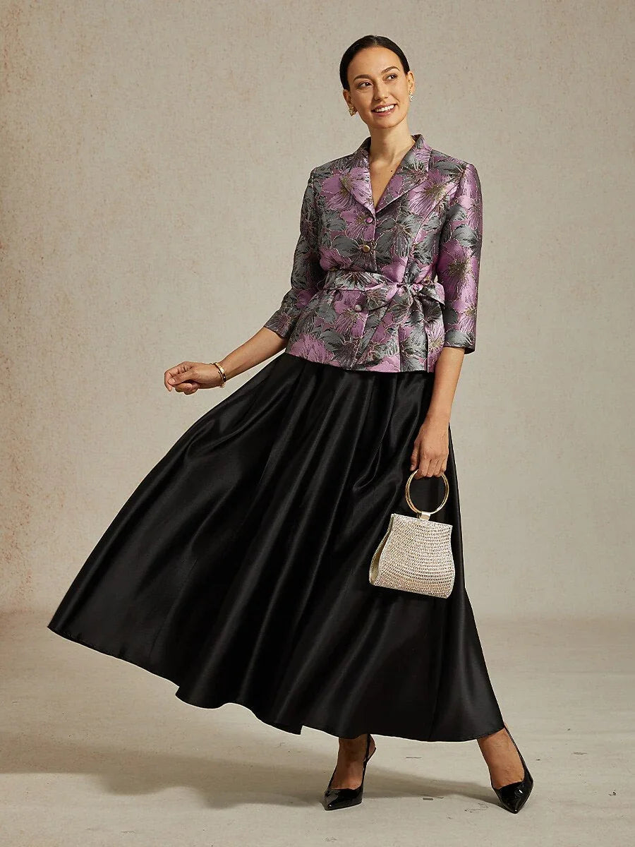 3/4 Sleeve Floral Jacquard Blouse with Tie Waist