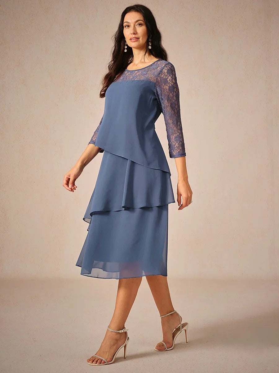 Lace Tiered Chiffon 3/4 Length Sleeve Dress