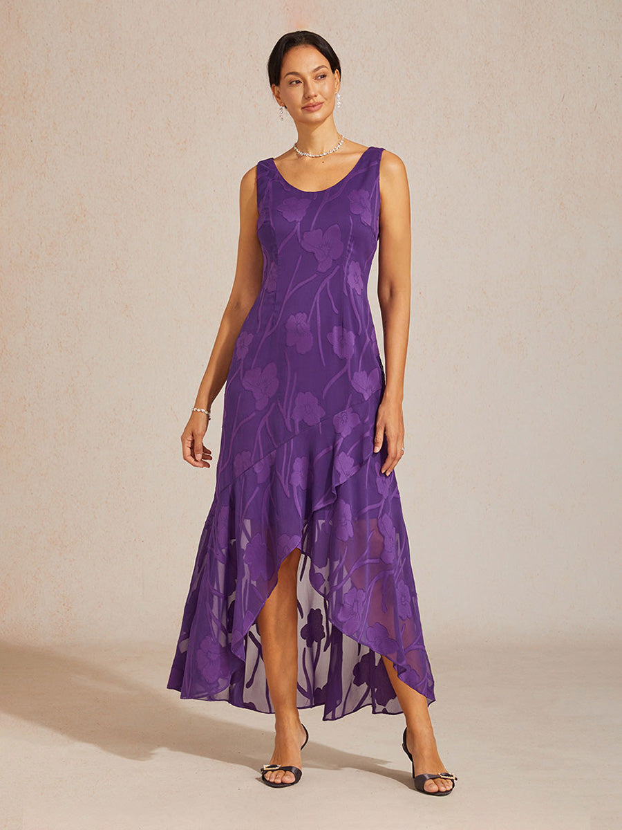 Floral Chiffon Sleeveless Evening Gown with Asymmetrical Hem